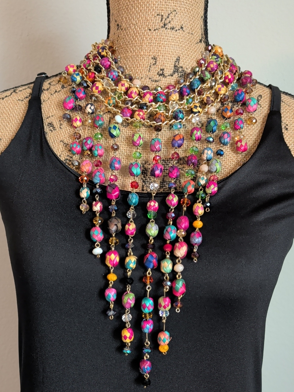 Handcrafted Woven Palm & Colorful Bead Statement Necklace - Sonora Artisan.